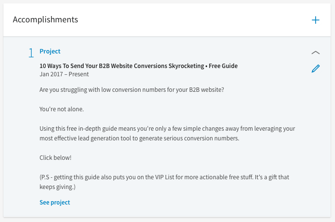 LinkedIn profile accomplishments example